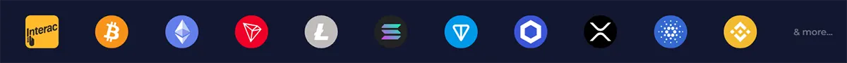 Casino payment methods banner displaying Interac and multiple cryptocurrency options including Bitcoin, Ethereum, TRON, Litecoin, Solana, TON, Polygon, Ripple, Cardano, and Binance Coin, with a “more” option on a dark background.