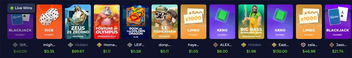 Casino “Live Wins” section displaying recent player wins across games like Blackjack, Dice, Zeus, Fortune of Olympus, Book of the Golden Dragon, Limbo, Keno, and Big Bass Bonanza, with usernames and win amounts shown beneath each game thumbnail on a dark interface.