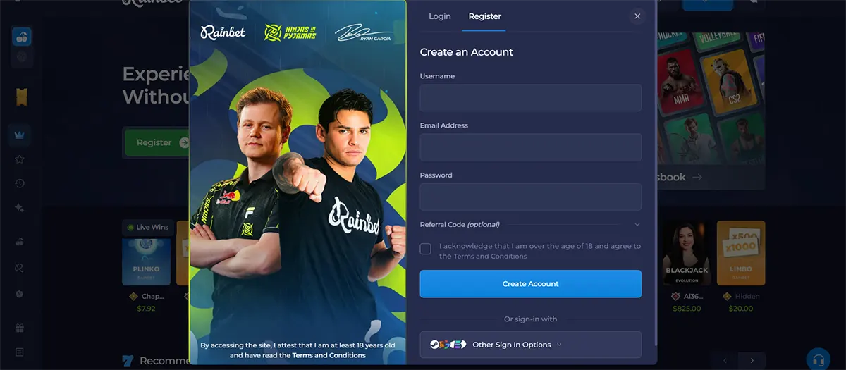Casino registration popup with a split layout showing a promotional image with esports players on the left and a sign-up form on the right, including fields for username, email, password, referral code, a terms agreement checkbox, and a “Create Account” button.